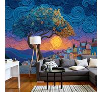 Papier Peint Panoramique Arbre Psychédélique Ciel, Poster Geant Mural Personnalisé 3D, Paysage En Quilling Pour Salon Chambre D'Enfant Décoration Murale, Bleu Marine Moderne Murales, 200X140Cm