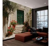 Papier peint panoramique architecture mur de pierre fleurs, photo mural moderne 200L x 140H cm - Papier peint décoration de maison photographie de nature pour salon, chambre des enfants, bureau