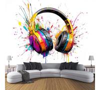 Papier Peint Panoramique Art Du Graffiti Soie, 350×256cm Papier Peint mural en soie 3D Casques Colorés, Décoration Parfaite pour Chambre, Salon, Enfant Grande Poster Mural Blanc