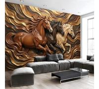 Papier peint Panoramique Art En Relief Tridimensionnel - Papier Peint Chevaux Vagues Imperméable, Décoration Murale Brun tissu non tissé, pour Chambre à Coucher Salon Cuisine - 350 x 256 cm