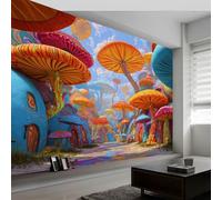 Papier peint panoramique art fantastique 450L x 280H cm, Tapisserie mural décoration salon - Papier peint design moderne psychédélique champignons feuilles pour chambre d'enfant décoration murale