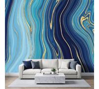 Papier Peint Panoramique Art Luxe Moderne Peinte Murale, Abstrait Marbre Vague Agate Rayure Intissé Murale, Bleu Marine Foncé Photo Fresque pour Salon Chambre d'enfants Restaurant 250L x 175H cm