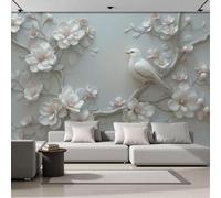 Papier Peint Panoramique Art Traditionnel 350x250cm Revêtement Mural Relief D'Oiseaux Perchés Sur Les Branches Tapisserie Panoramique Décoration Tableaux Muraux pour Chambre Salon Bureau, Moon White