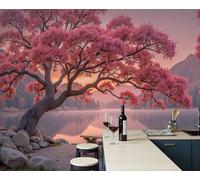 Papier Peint Panoramique Artistique 350x256cm - Revêtement Mural Décoration Chambre Salon - Paysages d'automne oniriques - rose - cerisiers de montagne en fleurs - Pour Chambre d'enfant Décoration