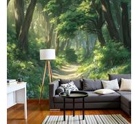 Papier Peint Panoramique Artistique 400×280 Cm - Revêtement Mural Décoration Chambre Salon - Chemin Forestier - Vert Émeraude - Lumière Soleil Filtre Travers Feuilles Se Pose Sur Chemin Terre