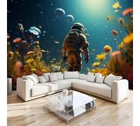 Papier Peint Panoramique Astronaute Fleurs 150x100 cm Poster Murale 3D Univers Galaxie Tapisserie Photo Peinture Murale,Papier Peint Intissé Fresque pour Salon Chambre Toile Fond TV