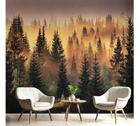 Papier Peint Panoramique Aube Pins Mural 300×210cm 3D Papier Peint Intisse Champs Europe Du Nord Murale Chambre Coucher Salon Décoration Jaune XXL Photo Poster Geant Murale