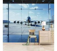 Papier peint panoramique autocollant Aéroport Avec Ciel Bleu Et Nuages Blancs - intissé - 300x256cm - Tableaux Muraux Tapisserie Photo Paysage Urbain - Pose Facile & Amovible sans Trace