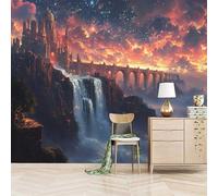 Papier peint panoramique autocollant Château Ancien Mystérieux - intissé - 300x210cm - Tableaux Muraux Tapisserie Photo Cascade Ciel étoilé - Pose Facile & Amovible sans Trace - Pour Chambre & Salon
