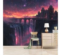 Papier peint panoramique autocollant Cité Antique Au Ciel étoilé - intissé - 150x105cm - Tableaux Muraux Tapisserie Photo Cascade Et Pont - Pose Facile & Amovible sans Trace - Pour Chambre & Salon