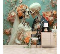 Papier peint panoramique autocollant Couple De Squelettes - intissé - 366x256cm - Tableaux Muraux Tapisserie Photo Entouré D'une Mer De Fleurs - Pose Facile & Amovible sans Trace - Pour Chambre