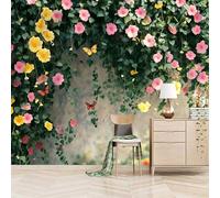 Papier peint panoramique autocollant Fleurs Et Papillons - intissé - 200x140cm - Tableaux Muraux Tapisserie Photo Texture De La Vigne - Pose Facile & Amovible sans Trace - Pour Chambre & Salon