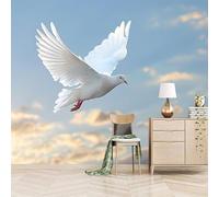 Papier peint panoramique autocollant La Colombe Blanche Déploie Ses Ailes Et S'envole - intissé - 300x210cm - Tableaux Muraux Tapisserie Photo Ciel Bleu Et Nuages Blancs - Pose Facile & Amovible