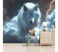 Papier peint panoramique autocollant Le Tonnerre Et Les éclairs Entourent Le Loup Des Neiges - intissé - 366x256cm - Tableaux Muraux Tapisserie Photo Mystérieux Et Rêveur - Pose Facile & Amovible
