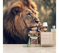 Papier peint panoramique autocollant Lion Et Ses Petits - intissé - 366x256cm - Tableaux Muraux Tapisserie Photo La Chaleur De La Nature - Pose Facile & Amovible sans Trace - Pour Chambre & Salon