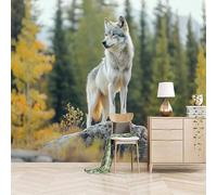 Papier peint panoramique autocollant Loup De Pierre De La Forêt - intissé - 150x105cm - Tableaux Muraux Tapisserie Photo Paysages Naturels - Pose Facile & Amovible sans Trace - Pour Chambre & Salon