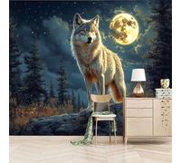 Papier peint panoramique autocollant Lupo della Notte - intissé - 200x140cm - Tableaux Muraux Tapisserie Photo Animal - Pose Facile & Amovible sans Trace - Pour Chambre & Salon-8945