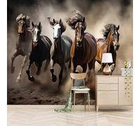 Papier peint panoramique autocollant Poussière Volante Et Chevaux Galopant - intissé - 500x280cm - Tableaux Muraux Tapisserie Photo Animal - Pose Facile & Amovible sans Trace - Pour Chambre & Salon