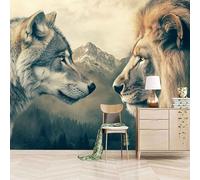 Papier peint panoramique autocollant Rivière Wild Wolf Lion Mountain - intissé - 400x280cm - Tableaux Muraux Tapisserie Photo Animaux Et Bêtes - Pose Facile & Amovible sans Trace - Pour Chambre