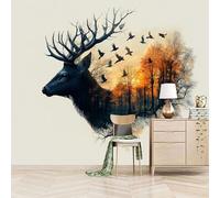 Papier peint panoramique autocollant Silhouettes De Cerfs Dans La Forêt - intissé - 300x256cm-Tableaux Muraux Tapisserie Photo Art Abstrait - Pose Facile & Amovible sans Trace - Pour Chambre & Salon