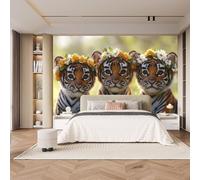 Papier peint panoramique autocollant Tigre Avec Une Guirlande - intissé - 150x105cm - Tableaux Muraux Tapisserie Photo Style Mignon Et Humoristique - Pose Facile & Amovible sans Trace - Pour Chambre
