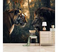 Papier peint panoramique autocollant Tigre De Forêt Lion - intissé - 250x175cm - Tableaux Muraux Tapisserie Photo Animaux Et Bêtes - Pose Facile & Amovible sans Trace - Pour Chambre & Salon