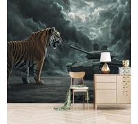 Papier peint panoramique autocollant Tigres Contre Chars - intissé - 500x280cm - Tableaux Muraux Tapisserie Photo Bêtes Et Chars - Pose Facile & Amovible sans Trace - Pour Chambre & Salon