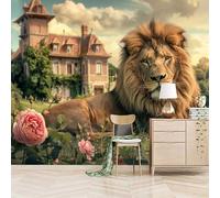Papier peint panoramique autocollant Un Lion Couché Tranquillement Parmi Les Fleurs - intissé - 300x256cm - Tableaux Muraux Tapisserie Photo Animal - Pose Facile & Amovible sans Trace - Pour Chambre