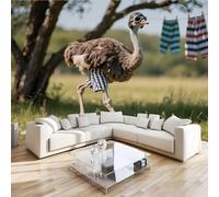 Papier Peint Panoramique Autruche Animal 150x100 cm Poster Murale 3D Prairies Grands Arbres Tapisserie Photo Peinture Murale,Papier Peint Intissé Fresque pour Salon Chambre Toile Fond TV