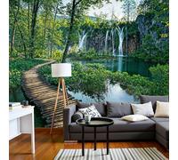 Papier Peint Panoramique Aventure Pleine Nature Papier Peint Promenade Bois Cascade Forêt Soie Poster Tableaux Muraux Décoration Murale Pour Salon, Chambre, Burea, Fond TV - 450x315cm, Vert Émeraude