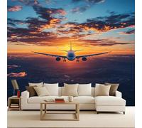 Papier peint panoramique Avion 150x105 cm - Revêtement mural décoration chambre salon - Design moderne - Avion Ville Lever de soleil Murales Panoramique intissé Paysage urbain Adulte Chambre d'enfants