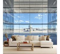 Papier peint panoramique Avion 150x105 cm - Revêtement mural décoration chambre salon - Design moderne - Ciel bleu Aéroport Murales Panoramique intissé Paysage urbain Adulte Chambre d'enfants