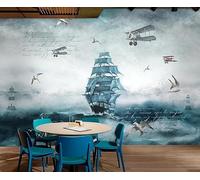 Papier Peint Panoramique Avion Voilier Mer Vintage 310x250cm Papier Peint 3D Intissé Tapisserie Poster Chambre Salon Decoration Murale -MIWEI Wallpaper-ZXY-17492