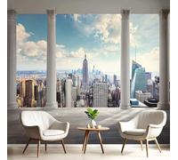 Papier Peint Panoramique Balcon Horizon La Ville Mural 300×210cm 3D Papier Peint Intisse Architecture Murale Chambre Coucher Salon Décoration Bleu XXL Photo Poster Geant Murale
