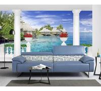 Papier Peint Panoramique Balcon Sea Island Maison En Bois Papier Peint Intissé 3D Tapisserie Decoration Chambre Salon Murale -KX15871, 310x250cm