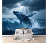 Papier Peint Panoramique Baleine à Bosse Papier Peint Murale Paysages Naturels, Vagues De L'océan Et Baleines Poster Tableaux Muraux, Photo Mural Salon Chambre TV Mur de fond Décor 300×210cm (L x H)