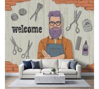 Papier Peint Panoramique Barbier Hipster Coiffeur Murale 500x350 cm | Ciseaux Peigne Vintage Papier Peint Intissé Murale Pour Salon Chambre à Coucher Chambre D'Enfant Décoration
