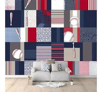 Papier Peint Panoramique Base-Ball 400x280 cm 3D Papier Peint Intissé Carreaux Bleus Photo Trompe l'oeil Poster Geant Mural Salon Chambre Enfant Chambre Décoration Murale a-10414