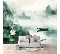 Papier Peint Panoramique Bateau Lotus Lac Motifs Imprimés 3D Papier Peint Photo Paysage 300x256 cm Mural Matériau Tissu Non Facile à installer Propre pour Intérieur Moderne Salle à Manger Poster