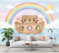 Papier Peint Panoramique Bateaux Animaux Arcs-En-Ciel | Papier Peint Soie Dessin Animé Aquarelle Guérisseur 400x280cm, Fresque Murale Décoration Murale Pour Salon Chambre Bureau (Non Adhésif)