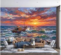 Papier Peint Panoramique Bateaux Pêche Vagues Coucher Soleil 200x140cm - Papier Peint Soie Impressionnisme Rétro - Poster Geant Mural 3D - Décoration Murale pour Salon Chambre d'enfants, Orange-Rouge