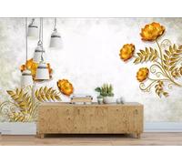 Papier Peint Panoramique Bijoux De Fleur De Lotus D'Or Vintage Papier Peint Intissé 3D Tapisserie Decoration Chambre Salon Murale -KX13232, 250x175cm