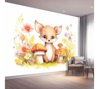 Papier Peint Panoramique Blanc Nontissés Murales, Fleurs Sauvages De Bande Dessinée Champignons Cerfs Art Poster Geant Décoration Murale pour Salon Chambre Bureau 250 x 175 cm (L x H)
