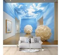 Papier Peint Panoramique Bleu Ciel Crème, Papier Peint Intissé Motif Moderne Abstrait Nuages Boule D'Origami, Tapisserie Photo Panoramique Salon Décoration Murale Chambre, 300 x 210 cm