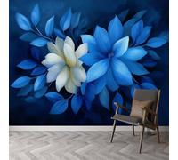 Papier peint panoramique Bleu Feuilles Fleurs, papier peint Peinture À L'Huile amovible imperméable - fresque murale facile à poser - décoration murale pour salon chambre enfant, 500 x 280 cm (L x H)