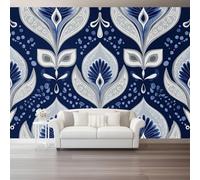 Papier Peint Panoramique Bleu marine blanc Mural 400 x 280 cm, 3D Papier Peint Bohème géométrique motifs Thème Floral Fresque Murale Chambre Coucher Salon Décoration Photo Poster Geant Murale