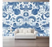Papier Peint Panoramique Bleu Mural 400 x 280 cm, 3D Papier Peint Glamour Vintage Élégant Motifs Thème Floral Fresque Murale Chambre Coucher Salon Décoration Photo Poster Geant Murale