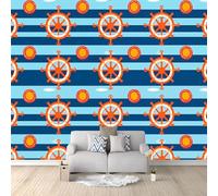 Papier Peint Panoramique Bleu Nontissés Murales, Rayures minimalistes Nautique Illustrations de gaffes Art Poster Geant Décoration Murale pour Salon Chambre Bureau 300 x 210 cm (L x H)