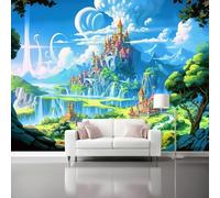 Papier Peint Panoramique Bleu Papier Peint Intissé, Grand Poster Mural Décoration 300 x 210 cm - Fantaisie Château de dessin animé Village Thème Muraux Tapisserie Photo pour Chambre Salon