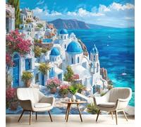 Papier Peint Panoramique Bleu Royal 400X280Cm - Revêtement Mural Pour Chambre Salon - Design Unique Décoration - Ville Côtière - Peinture L'Huile Paysage Méditerranéen - Motif Personnalisé Murale